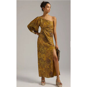 NEW Anthropologie Nirmooha One-Shoulder Shine Maxi Dress XXS Gold Beaded Boho